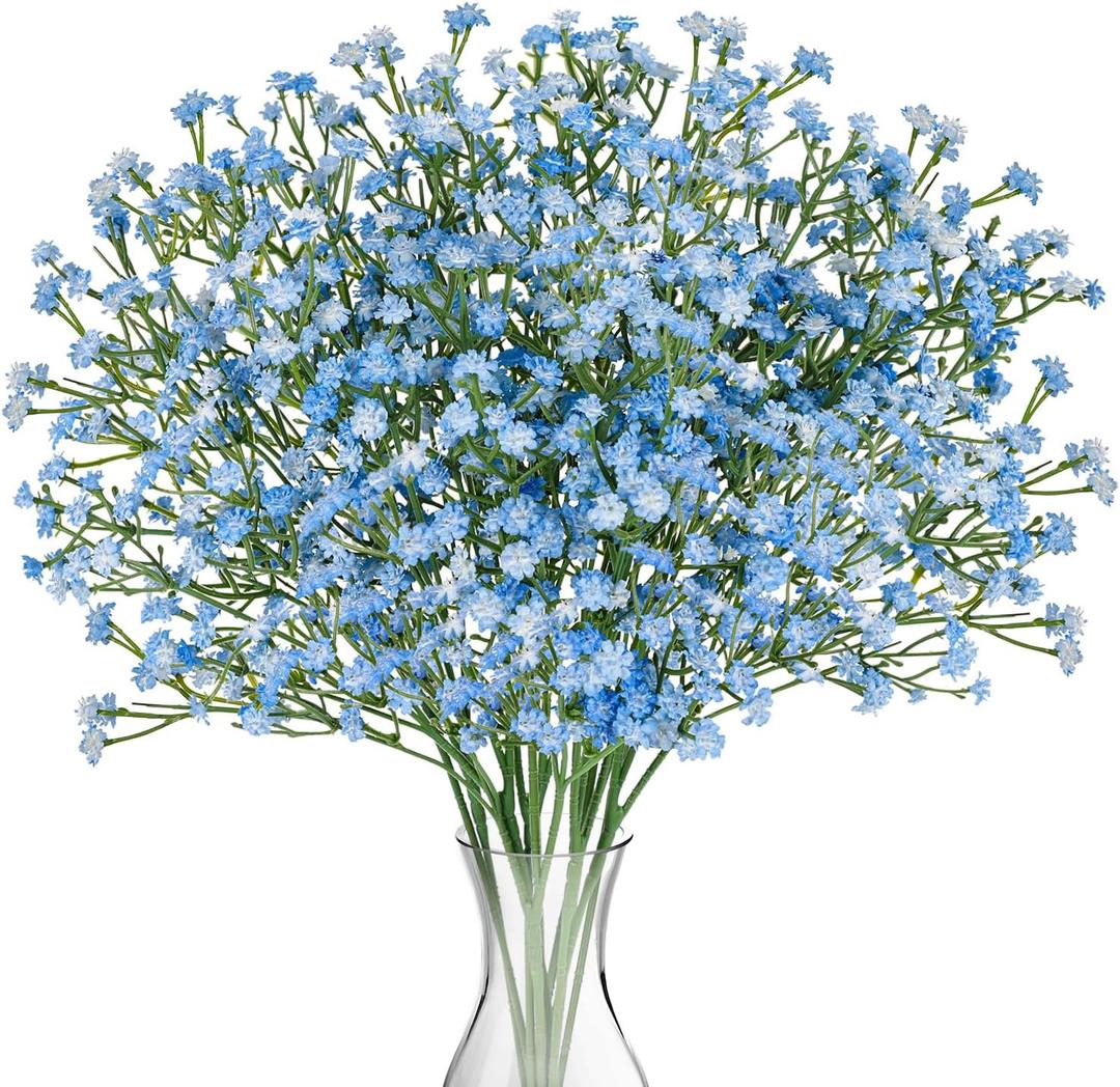 N&T NIETING Babys Breath Artificial Flowers Bulk, 10Pcs Blue Fake Gypsophila Bouquet Flowers Real Touch Faux Babies Breath Arrangement for Wedding Floral Party Home Centerpieces Vase Decoration, Blue
