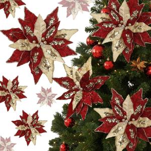 Suncalla 8 Pcs Velvet Christmas Glitter Poinsettia Flowers 12'' Large Heads Artificial Poinsettia Flower Ornaments Picks Christmas Tree Decoration Fake for Xmas Ornament Wedding Holiday(Burgundy)