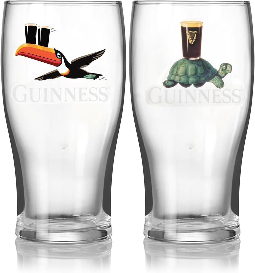 Guinness 20oz Tulip Pint Glass  Flying Toucan & Tortoise Design  2 Pack | Official Merchandise Vintage Irish Pub Barware