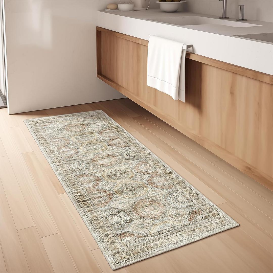 Washable Runner Rugs for Bedroom - 2x6 Runner Rug Non Slip, Ultra-Thin Entryway Runner, Soft Abstract Kitchen Runner for Hallway, Laundry, Bathroom, Indoor Door Mat(2'x6', Brown/Pink)