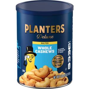 PLANTERS Deluxe Salted Whole Cashews, Party Snacks, Plant-Based Protein, Quick Snack for Adults, After School Snack, Roasted Cashew Flavored with Sea Salt, Bulk Nuts, Kosher, 1 lb 2.25oz Canister (EXP 02/09/28)