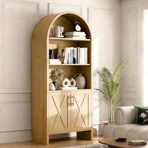Topcomfy Arched Storage Bookshelf, The Original 4-Tier Bookcase with Doors, 60" Mini Farmhouse Display Bookcase Cabinet, Modern Wooden Storage for Home Office Living Room Library, Oak