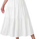 Kingfancy Women's Boho Midi Skirt A-Line Ruffle Elastic High Waist Tiered Flowy Skirts (White, M)