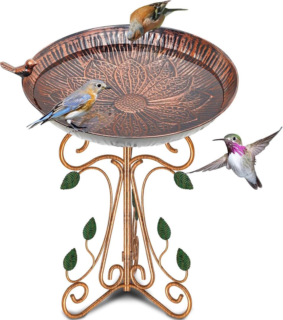 Gouisalin 13" Diameter Vintage Metal Bird Bath, Birdbaths with Cast Iron Pedestal, Large Antique Bird Feeder for Outdoors Garden Patio Decor (Copper Lotus)