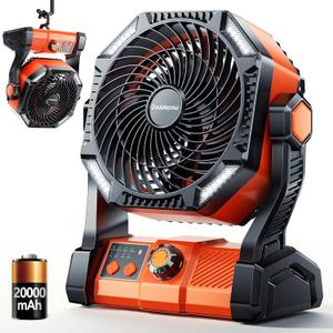 Camping LED Fan with Light, 40000m Rechargeable Battery Powered Outdoor Tent Fan with Light and Hook, 6 Speed, Personal USB Desk Fan for Camping, Fishing, Power Outage,Hurricane, Worksite (20000mAh, D23-Orange)