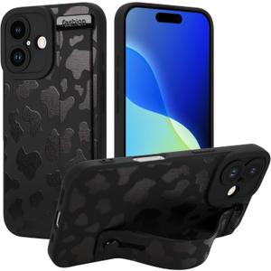 OOK Case for iPhone 16 Case, Cute Cow Print with Adjustable Wristband Strap Kickstand Slim Lightweight Soft Flexible TPU Rubber for Women Girls Phone Cove, Black