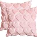 AVOIN colorlife Valentine's Day Love Heart Pink Throw Pillow Covers Set of 2, 18 x 18 Inch Anniversary Wedding Home Decor Soft Plush Faux Fur Jacquard Cushion Case for Sofa Couch