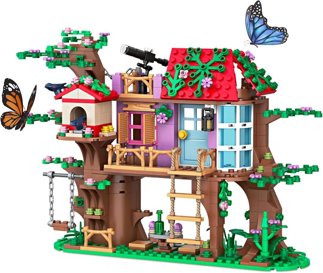 Forest Tree House Building Blocks Compatible with Lego Friends, 462 PCS 3-Level Playhouse with Swinging Bridge, Telescope, & Birdhouse, Birthday Gift for Kids Girls Boys Age 6-12 Years chaobao7701