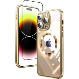 2 in 1 for iPhone 14 Pro Case Crystal Clear, Not Yellowing, Compatible with Magsafe, with 1X Screen Protector + Camera Lens Protector, Shockproof Protective iPhone 14Pro Case, Gold