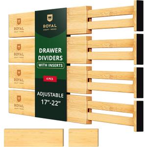 Adjustable Bamboo Drawer Dividers Organizers (17- 21.5") with Inserts - Expandable Drawer Organization Separators for Kitchen Utensils, Clothes, 4-Pack (Large (up to 22")