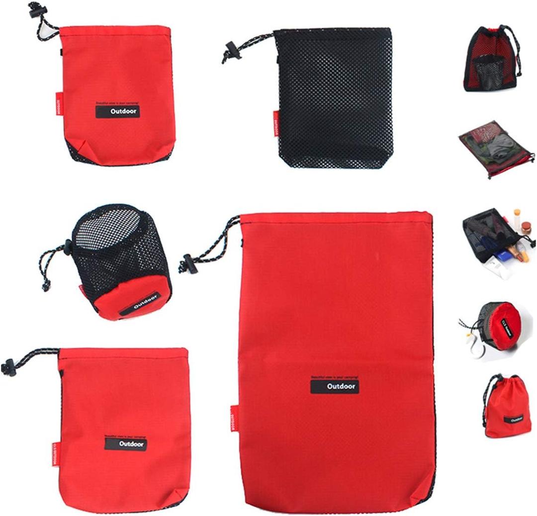 Drawstring Bags/Pouch/Ditty/Mesh-Stuff-Sack for Camping/Travel Cord/Bag - Storage 5-in-1 Travel Use Nylon 5 Pieces (different sizes, Red)