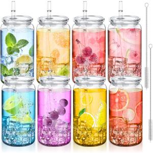 8pack Acrylic Mason Jars Cups with Lids and Straws,16 oz Clear Plastic Cups with Lids and Straws,Ice Coffee Cups,Shatterproof Drinking Tumblers for Smoothies,Cold Brew,Juice,Beer,Coffee,Milk,Tea (8PK)
