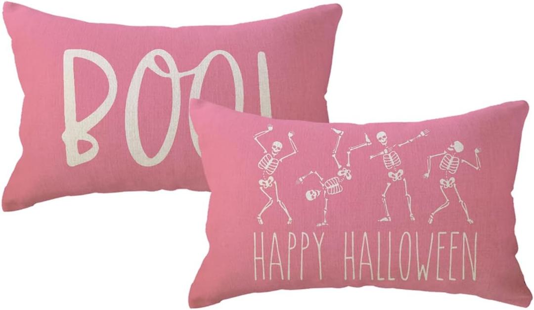 2pack Halloween Skeleton Decor Pillow Covers 12x20 Inch Happy Halloween Skull/ Boo Cushion Covers Farmhouse Funny Skull Decorative Rectangular/ Lumbar Pillowcases for Sofa/ Couch/ Porch (Pink, 12"×20")