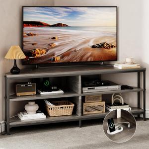 MUTUN Corner TV Stand with Power Outlet, Corner TV Stand for 32 43 50 55 60 Inch TV, Corner Entertainment Center, Industrial TV Console Table for Living Room Bedroom, 55 Inch, Grey Oak, Onesize