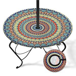 Boho Round Outdoor Tablecloth with Umbrella Hole, Green Fitted Table Cover with Zipper, Outdoor Camping Essentials, Waterproof Umbrella Table Cloth with Elastic (45''-54'')