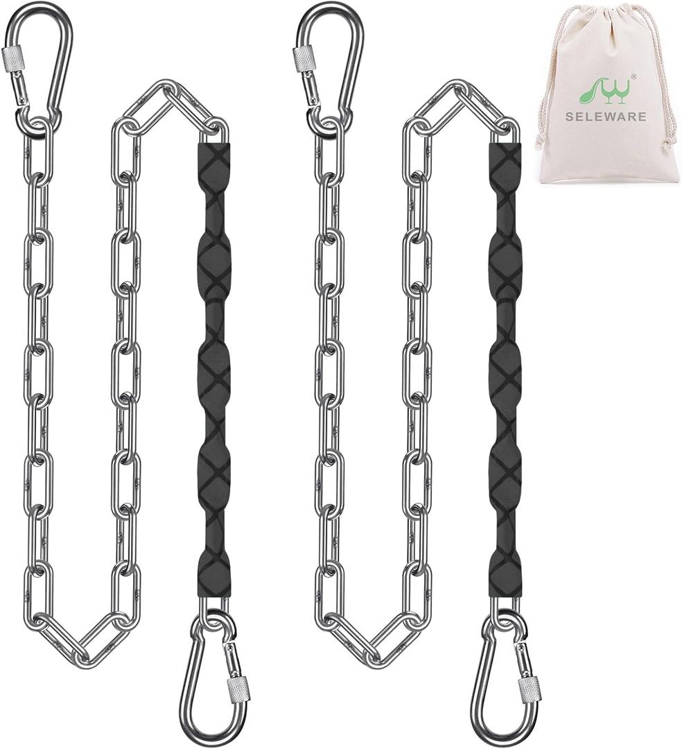 SELEWARE 2 Pcs 85" Hanging Swing Chains, 1000LB Capacity Stainless Steel Hanging Chains with 4 Carabiners, Hanging Chair Hardware for Kids Tree Swings, Hammocks, Punching Bags & Indoor/Outdoor Gym (Black)