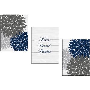 iHAPPYWALL 3 Pieces Relax Unwind Navy Bathroom Wall Art Blue and Grey Bath Flowers Funny Bathroom Sign Art Print for Spa Yoga Bedroom Wall Decor Ready to Hang 12x16inchx3pcs