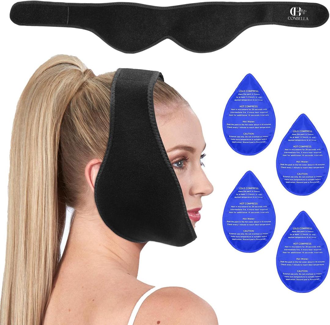 Wisdom Teeth Ice Pack Head Wrap for Pain Relief - Cold Hot Therapy for Face, Jaw & Oral Surgery with 4 Gel Packs, TMJ, Tooth Extraction, Tonsillectomy Recovery-Black