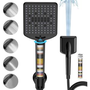 Filtered Shower Head with Handheld Matte Black - High Pressure 6 Modes, 120 Anti-clog Nozzles, Detachable Showerhead with Hard Water Filters, Extra Long 6ft Hose, Power Wash Mode for Bathroom
