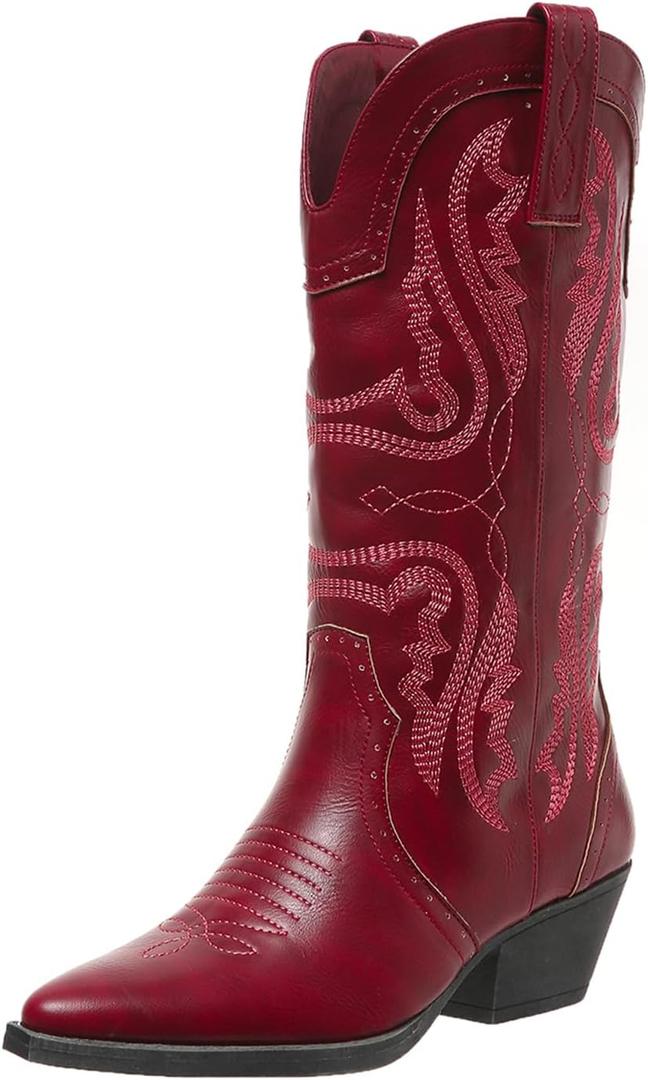 SelRoys Cowboy Boots for Women Cowgirl Mid Calf Western Boots Embroidered Stitched Pointed Toe Chunky Block Heel Brown Red Black US5-11 (Red, S)