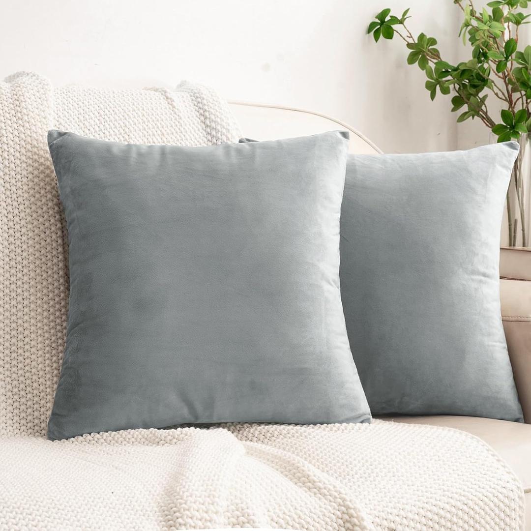HWY 50 Gray Grey Velvet Throw Pillow Covers 18x18 Inch, Pack of 2 Soft Cozy Solid Decorative Luxury Cushion Cases for Couch Sofa Bed Living Room Bedroom