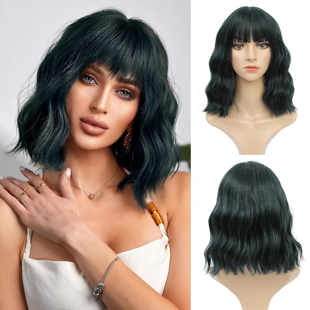 Black Green Wig with Bangs for Women Short Wavy Bob Wig Cosplay Wig Synthetic Wigs Halloween Wigs (12 Inch)