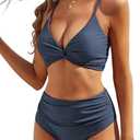 ZAFUL Twist High Waisted Bikini for Women Cross Lace Up Bathing Suit Ruched Bikini Swimsuits Tummy Control Swimwears (Large, 0-solid:grey)