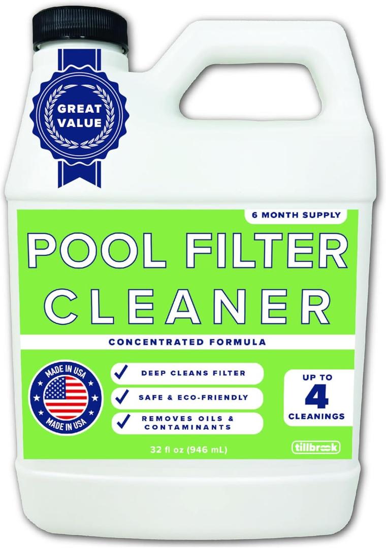 Pool Filter Cleaner - 6 MONTH SUPPLY - 2 to 4 Uses - 32 oz Concentrated Pool Cartridge Filter Cleaner - Removes Dirt, Grease, Oil - No Foam or Residue - Soak & Spray Cleaner - Safe, Natural, Effective