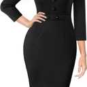 VFSHOW Womens Work Office Business Pleated Notch V Neck Buttons Fitted Belted Pencil Sheath Dress (Large, Black)