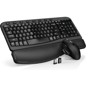 Wireless Keyboard and Mouse Combo – Ergonomic Wave Key, Built-in Leather Soft Palm Rest, 2.4G Full Size, 8 Hotkeys, 6-Button Mouse with 4-Level DPI, Dual USB-A/USB-C, Windows & macOS Compatible