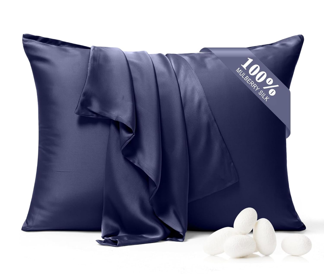 100% Pure Silk Pillowcase 2 Pack for Hair and Skin, Both Sides 23 Momme Grade 6A+ Mulberry Silk Pillowcases with Hidden Zipper, Soft&Smooth Cooling Pillow Cases (Navy Blue, Queen 20x30)