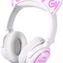 Cat Ear Bluetooth Headphones with Microphone, LED Light Up Over Ear Headphones, Volume Control and Foldable Headset for Tablet/PC/iPad/Cell Phones, Gift for Kids Boys & Girls (White)