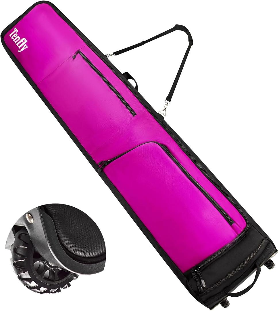 Wheeled Ski Bag for Air Travel, Padded Waterproof Ski Gear Bag Fits 2 Pairs Skis, Adjustable Length 156-200cm, Foldable (175, Purple)
