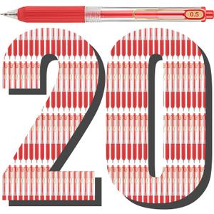 Aozora 20 Pack Red Gel Pens Fine Point Smooth Writing Pens Retractable Red Ink Pen with Soft Grip 0.5mm Quick Dry Office School Supplies Gold Clip