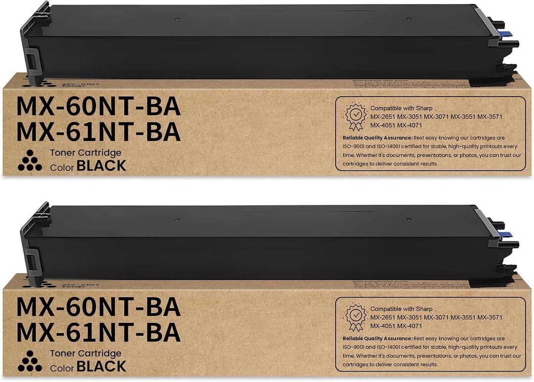 MX-60NT MX-61NT Black Toner Cartridge 2-Pack Replacement for Sharp MX-60NT-BA MX-61NT-BA MX-60NTBA MX-61NTBA Toner Cartridge for MX-2651 MX-3051 MX-3071 MX-3551 MX-3571 MX-4051 MX-4071 Printer Ink