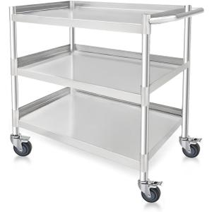 3-Shelf Stainless Steel Rolling Utility Cart - Heavy-Duty Metal Mobile Storage with Handle & Locking Wheels - Ideal for Kitchen, Medical, Lab, Restaurant & Home Use (16''x24''x34'')