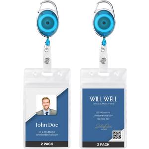 2 Pack Id Badge Holder With Clip, Transparent Light Blue Badge Reels with Id Sleeves Set, Clear Id Card Holder Retractable, Vertical Lanyard ID Holder with Badge Reel, Badge Holders with 24" Pull Cord