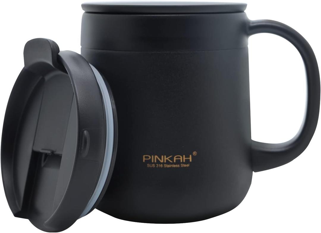 PINKAH 11OZ 330ML Stainless Steel Insulated Coffee Mug with Handle, Double Wall Stainless Steel Tumbler Cup with Two Lids, Black