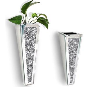 Flower Vase Crushed Diamond Mirrored Hanging Planter& Geometric Decor Mirrored Container,Silver Decorative Mirror Vase Luxury for Home Decor.befit for Faux Plants.Cant Hold Water.(Set of 2) (3.5x11.2 inch)