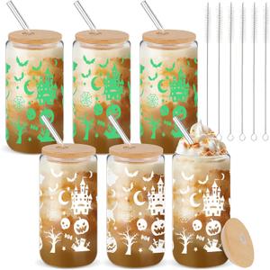 6 Packs Halloween Glass Cups 16oz Halloween Boo Baskets Stuffers Ghost Glass Cups with Lids Straws Glow in the Dark Iced Coffee Cup Gifts for Women Adults Teens Girls Party Decor (Witch)