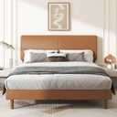 King Bed Frame with Adjustable Headboard, Faux Leather Upholstered Platform Bed Frame, No Box Spring Needed, Noise-Free, Easy Assembly, Orange