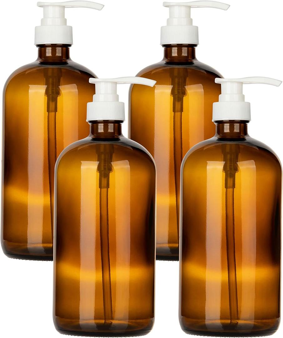 32 Ounce Glass Pump Dispenser Bottle, Large Amber Container with Pump for Shower and Bath Shampoo Soap Conditioner Lotion - 1 Liter - by Kitchentoolz (White Pump)