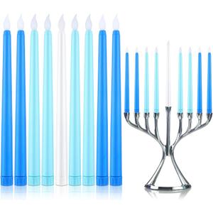 Baquler 9 Pcs LED Hanukkah Candles Blue and White Battery Operated Flameless Taper Candles 0.8 x 11.2 Inch Tall for Hanukkah Christmas Wedding Birthday Home Decor Gifts