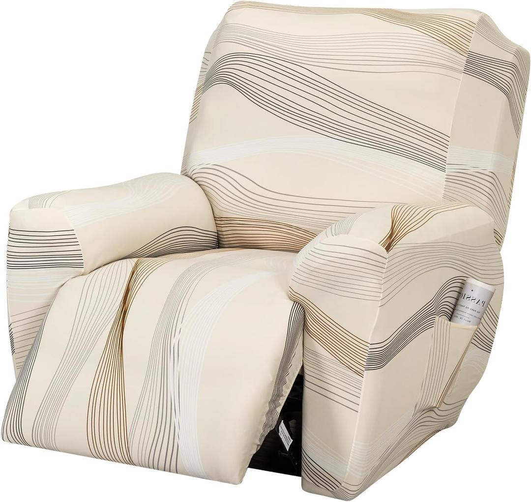 FUANGUI Recliner Chair Cover 4-Pieces Lazyboy Cover for Recliner Chair with Storage Pockets Furniture Protector for Living Room, Jacquard Sofa Slipcover for Kids, Pets, Dog and Cat, 01