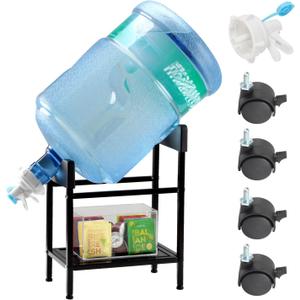 Metal 5 Gallon Water Jug Stand Dispenser with Shelf, Water Stand Drinking Water Cooler Rack with Water Valves and Lockable Casters, Heavy Duty Water Bottle Dispenser Water Rack for Countertop