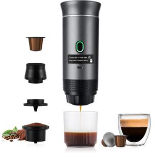 3 In 1 Portable Coffee Maker for Travel, 20 Bar Portable Espresso Machine with USB, Travel Coffee Maker Self-Heating, Compatible with Ground Coffee & Capsule for Hiking, Office, RV Upgrade (Grey)