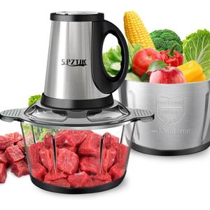3-Speed Electric Food Processor: Meat Grinder, Vegetable Chopper & Baby Food Maker - 300W, 2 Bowls (8 Cup Stainless Steel+8 Cup Glass), Quiet Operation