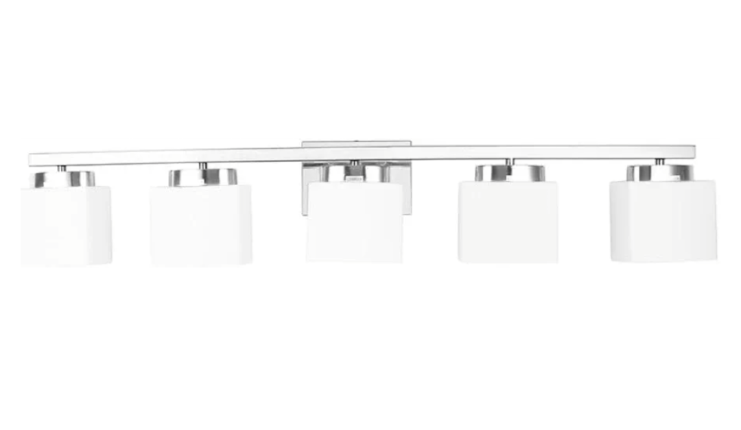 5-Light Modern Chrome Vanity Light Fixture with White Glass Shade for Bathroom Over Mirror, 40 Inches