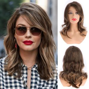 Sallcks Womens Short Brown Wig with Side Bangs Mid Length Natural Wavy Synthetic Hair Wig for Daily Party Halloween