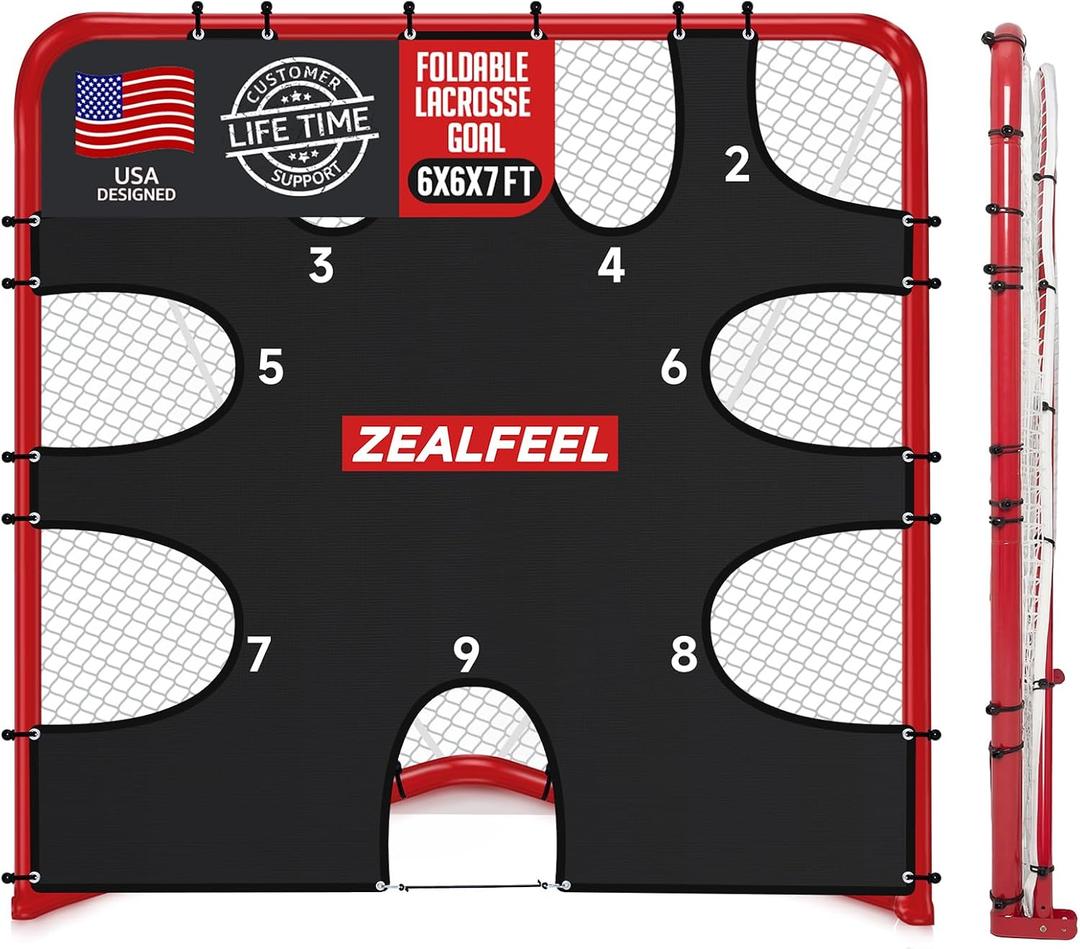 ZEALFEEL Lacrosse Goal 6x6x7Ft, Foldable Lacrosse Training Net with 9-Zone Target for Accuracy Practice, Heavy-Duty Steel Frame & Tear-Resistant Netting, Backyard Shooting Practice for Teens & Adults